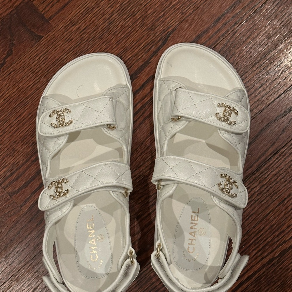 Chanel White Quilted Sandals with Gold Logo